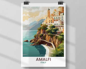 May include: A print of Amalfi, Italy, featuring a coastal town with colorful buildings perched on a cliffside. The artwork showcases a bridge, beach, and turquoise water under a cloudy sky. The text "AMALFI ITALY" is at the bottom.