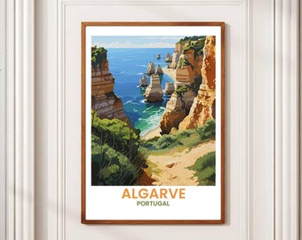 Algarve Portugal Vintage Travel Poster: Coastal Cliffs, Beach Landscape (Digital Download)