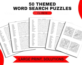 Large Print Word Search Puzzles: 50 Themed Games with Solutions (PDF Downloadable File)