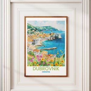 Dubrovnik, Croatia Travel Digital Wall Print | Scenic Adriatic View Poster with Flowers | Vintage Style Croatia Decor Gift for Home Office