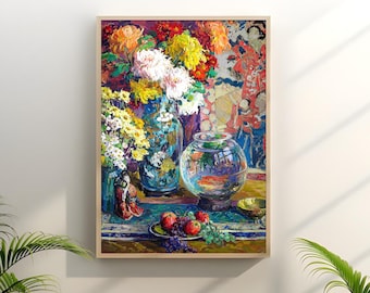 May include: A framed still life painting featuring vibrant flowers in blue vases, a goldfish bowl, and a plate of fruit. The artwork showcases a colorful arrangement with oranges, reds, yellows, and greens, creating a lively and decorative piece.