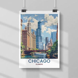 Vintage Chicago Skyline Art Print: Willis Tower & Riverwalk