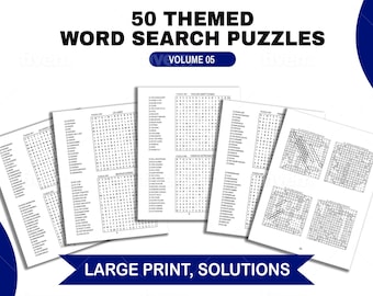 May include: A set of 50 black and white word search puzzles, volume 05, with large print and solutions. The puzzles are printed on white paper and are ready to be solved.