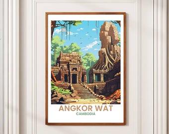 Angkor Wat Vintage Travel Poster: Cambodia Temple Art (Digital Downloadable Art JPG File)