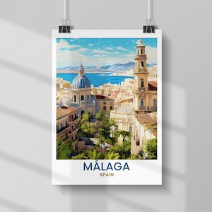 Malaga Spain Travel Print | Vintage Cityscape Poster | Andalusia Wall Art | Spain Home or Office Decor | Mediterranean Art Print Unique Gift
