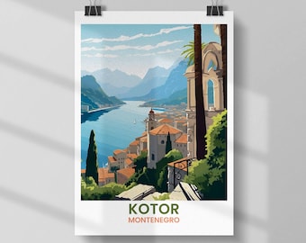 May include: A scenic poster print of Kotor, Montenegro, featuring a coastal town with red-tiled roofs, a bay, and mountains under a blue sky. The print includes the text "KOTOR MONTENEGRO" in a bold font.