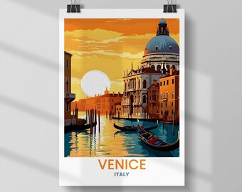 May include: A poster print of Venice, Italy, featuring a sunset over the Grand Canal. The image shows gondolas, buildings, and a large church with a blue dome. The word "VENICE" and "ITALY" are printed at the bottom.