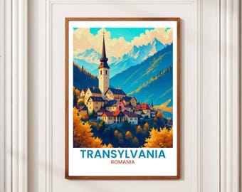 Transylvania Travel Poster: Romania Village & Mountain Landscape (Digital Download