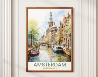 Amsterdamkanalen Vintagetryck: Holländsk arkitektur, europeisk reseaffisch (digital nedladdning)