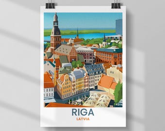 May include: A poster print featuring a colorful illustration of Riga, Latvia. The artwork depicts a cityscape with buildings of various colors, a river, and a blue sky. The word "RIGA" and "LATVIA" are printed at the bottom.