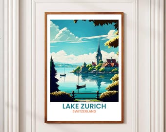 Vintage Lake Zurich Travel Poster: Minimalist Swiss Landscape (Digital Download)