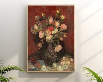 May include: A framed painting of a floral still life. The artwork features a dark vase filled with colorful flowers against a deep red background. The flowers include pink, yellow, and white blooms, with a light-colored matting.
