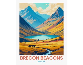 Brecon Beacons Travel Poster: Welsh Mountain Lake Art