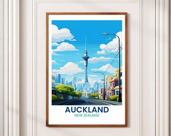Auckland Sky Tower Vintage Travel Poster: New Zealand Cityscape Art (Digital Download