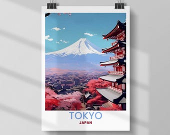 Vintage Mount Fuji Travel Poster: Japanese Cherry Blossom Art Print