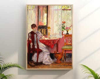 Vintage Woman Reading Art Print: Cozy Literary Interior (Digital Download