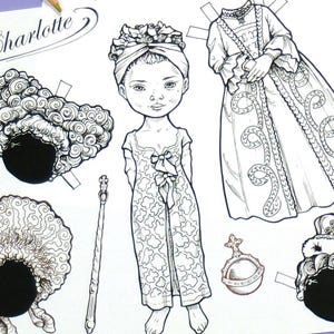 Muñeca de papel imprimible / Reina Charlotte / Inspirada en Bridgerton - 2 páginas / Kit de manualidades / Colorear / Muñeca de papel moderna / Imprimible