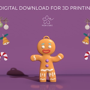 Pode incluir: Um modelo imprimível em 3D de um ornamento de homem de gengibre. O homem de gengibre está usando um sorriso de glacê branco e tem dois botões roxos. O ornamento é cercado por decorações de Natal, incluindo bengalas de doces, sinos e enfeites.