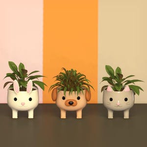 May include: Three ceramic animal-shaped planters, each with a different design: a bunny, a dog, and a cat. Each planter holds a green plant. The bunny planter is white, the dog is tan, and the cat is light gray.