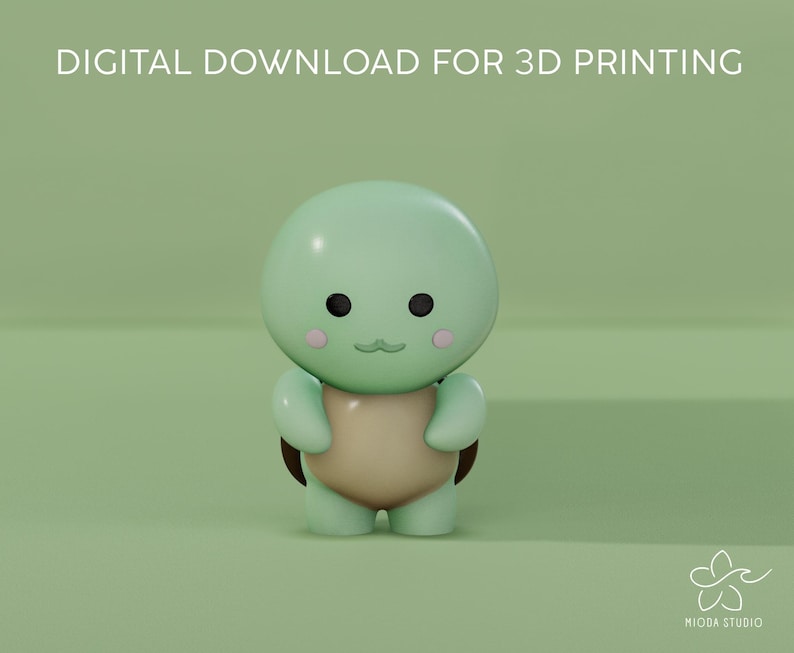 Op de afbeelding: Een 3D-geprint model van een schattige groene schildpad met een bruine schild. De schildpad heeft een vriendelijk gezicht met grote ogen en een kleine glimlach.