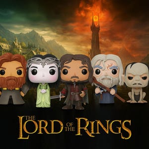 May include: Five stylized Funko Pop figures from The Lord of the Rings. The figures include characters with distinctive features: a bearded dwarf, an elven queen, a man with a sword, a wizard with a staff, and Gollum. The Lord of the Rings logo is at the bottom.