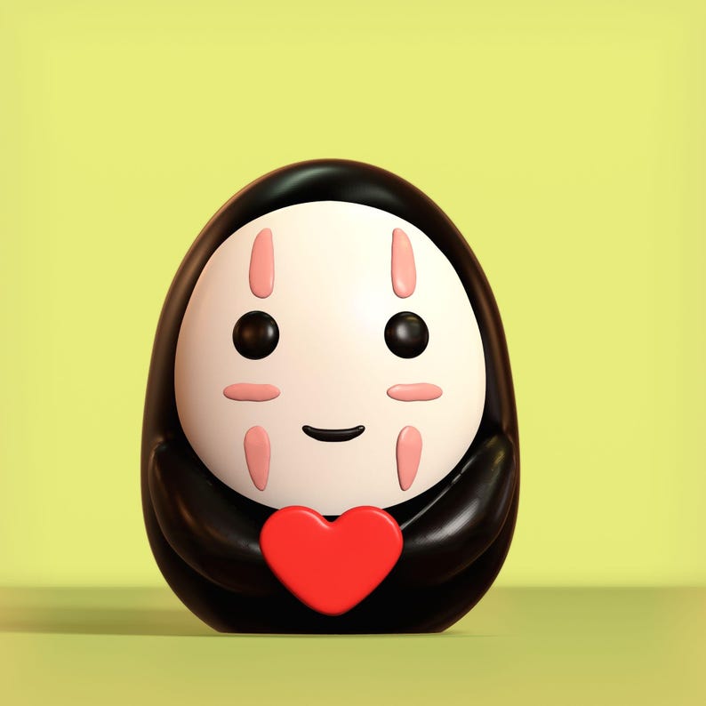 May include: A black and white cartoon character with a white face and pink markings, holding a red heart. The character has a smiling expression.