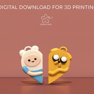 May include: Two 3D printed character figurines, one white with blue accents and the other yellow, shaped like hearts. The white figurine has a smiling face and the yellow figurine has a black nose and eyes.