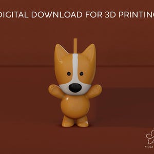 Op de afbeelding: Een 3D-geprint model van een cartoonhond met een witte vlek op zijn borst en bruine vacht. De hond staat op een bruine ondergrond. DIGITALE DOWNLOAD VOOR 3D-PRINTEN