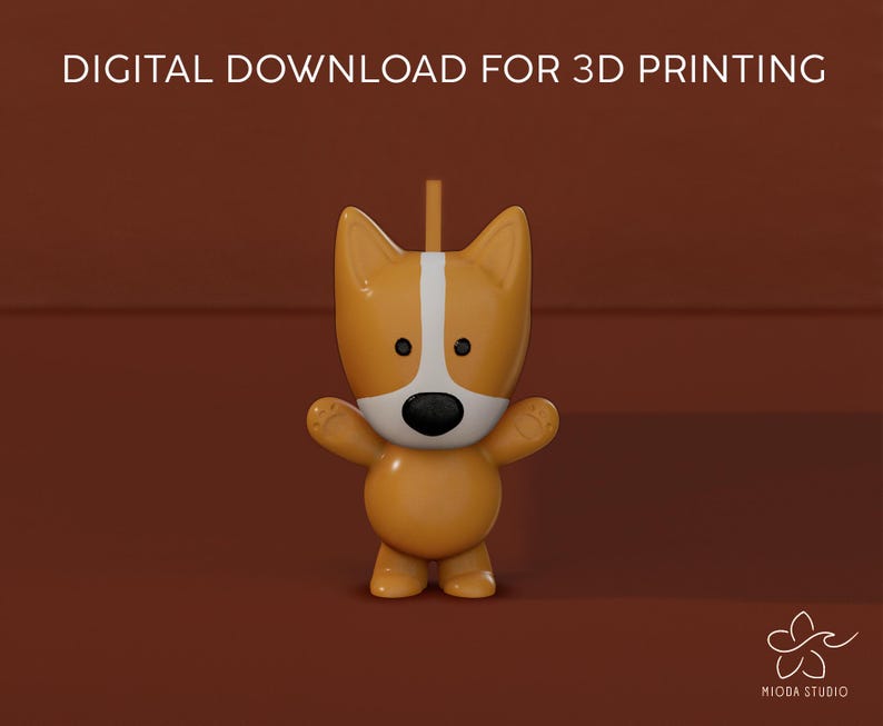 Op de afbeelding: Een 3D-geprint model van een cartoonhond met een witte vlek op zijn borst en bruine vacht. De hond staat op een bruine ondergrond. DIGITALE DOWNLOAD VOOR 3D-PRINTEN