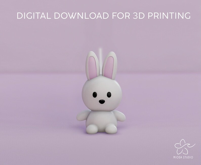Op de afbeelding: Een wit 3D-geprint konijn met roze oren en zwarte ogen. Het konijn zit op een lichtpaarse achtergrond. Digitaal download voor 3D-printen.