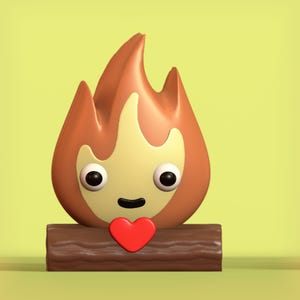 May include: A cartoon fire with a smiling face and a red heart in its hands, sitting on a brown log.
