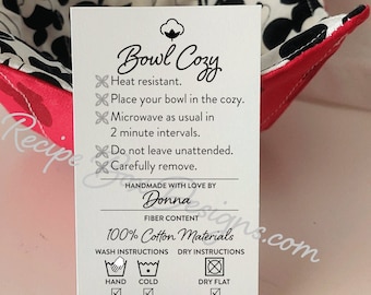 Printed Bowl Cozy Care Tags: Personalized Microwave Safe Instructions (Set of 30)
