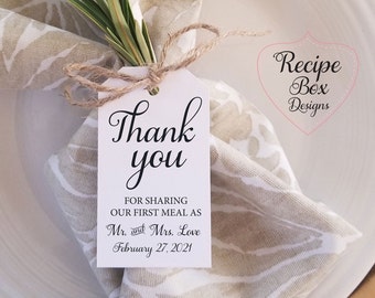 Thank you wedding favor tags, Printed favor tags, Perosnalized tags, Plating Thank you tags Thank You For Sharing Our First Meal as Mr + Mrs