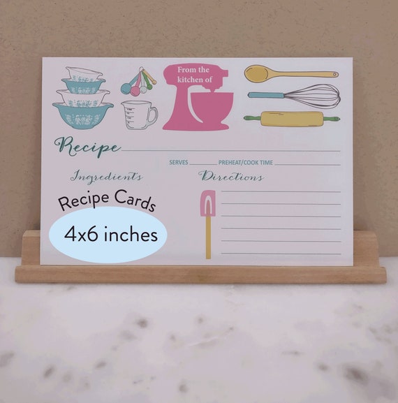 Recipe Cards, Pyrex Recipe Cards, Pyrex, Mixer with Drawn Vintage Pyrex Bowls, 4x6 Rolling Pin, Pink Mixer Style