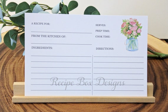 Recipe Cards for Recipe Box, 6x4 printed cards, Double-sided thick card stock for weddings, bridal, housewarming, Mason Jar Vase & flowers