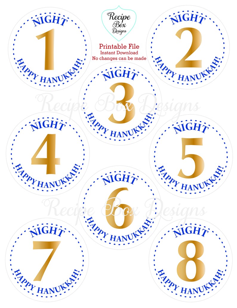 May include: A set of eight circular labels featuring gold numbers one through eight. Each label has a blue dotted border and the text NIGHT and HAPPY HANUKKAH! in blue. The center includes the text Recipe Box Designs, Printable File, Instant Download.
