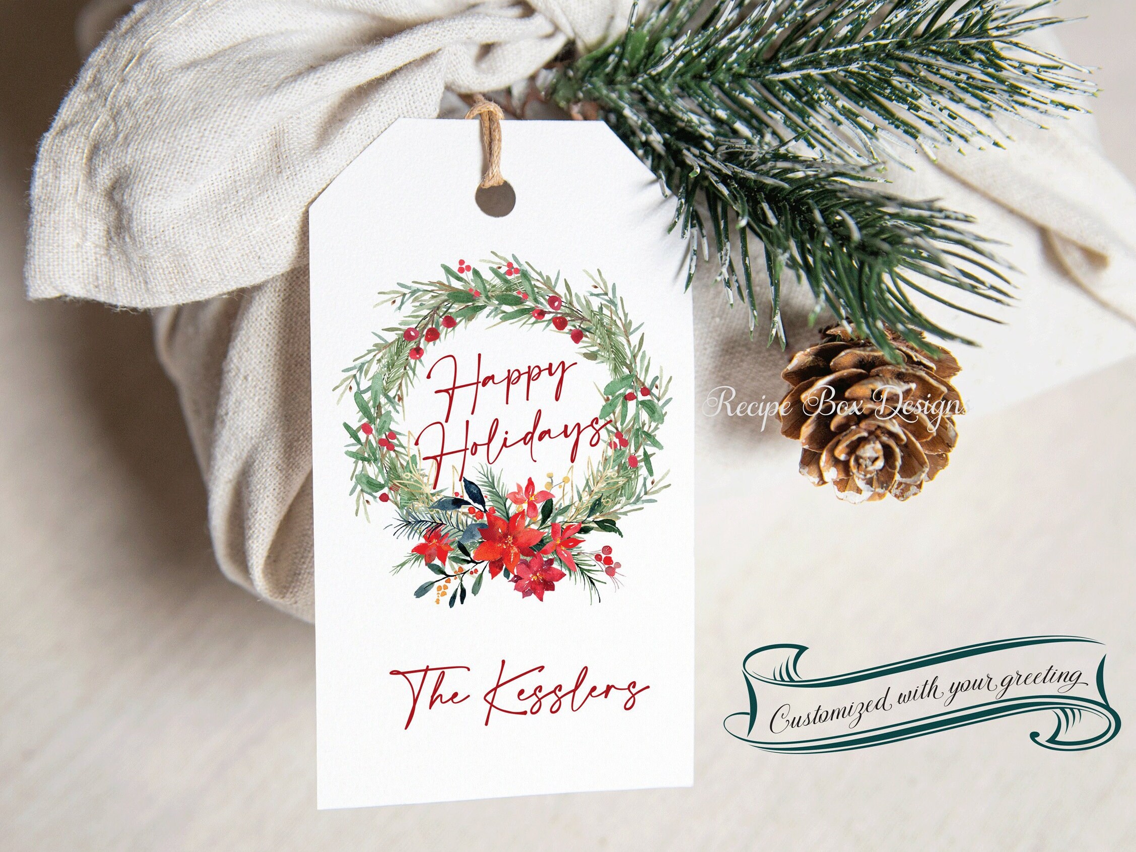 Modern Calligraphy Holiday Gift Tags with Olive Wreath - Custom Christmas  Gift Wrap — red clay paper