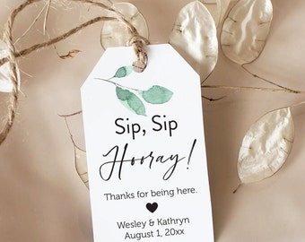 Personalized Champagne Bottle Favor Tags: Sip Sip Hooray, Wedding Bridal Shower