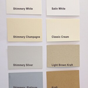 May include: Eight cardstock samples in different colors and finishes, including Shimmery White, Satin White, Shimmery Champagne, Classic Cream, Shimmery Silver, Light Brown Kraft, Shimmery Platinum, and Kraft.