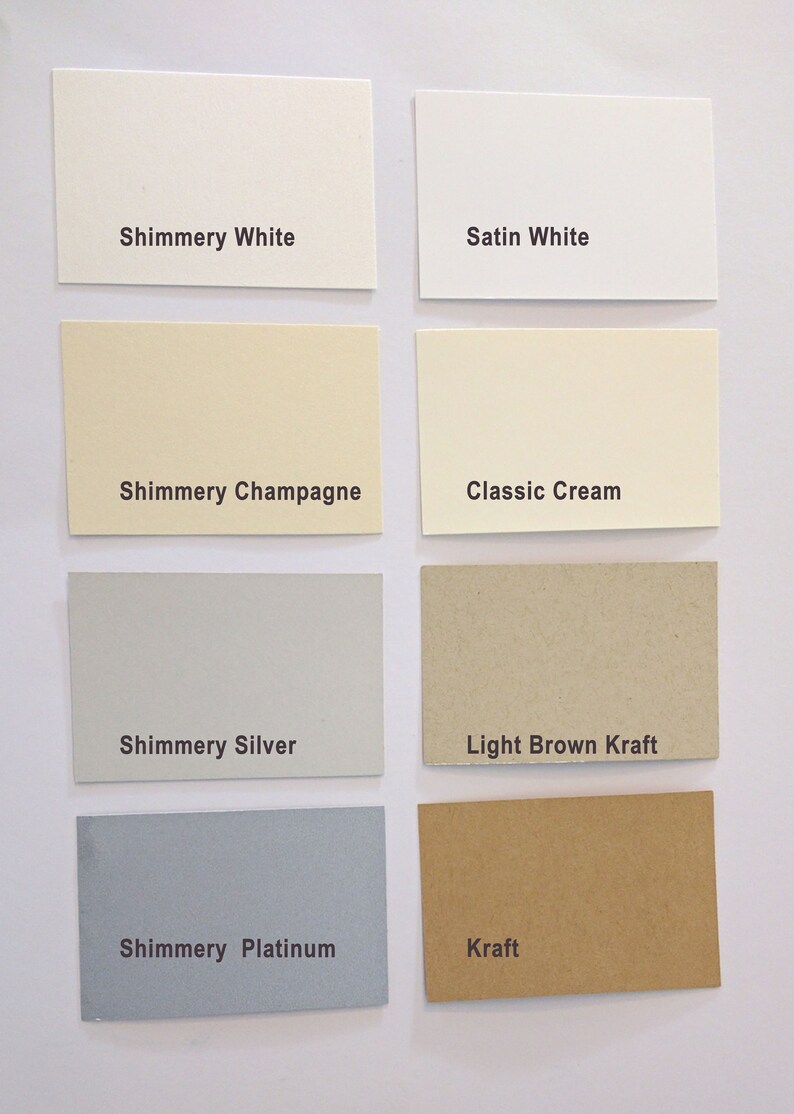 May include: Eight cardstock samples in different colors and finishes, including Shimmery White, Satin White, Shimmery Champagne, Classic Cream, Shimmery Silver, Light Brown Kraft, Shimmery Platinum, and Kraft.