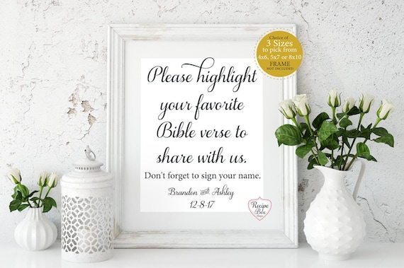 Wedding Sign Bible Verses, Please highlight your favorite Bible verse to share with us Alternative Guest Book Table Sign No Frame Print Only