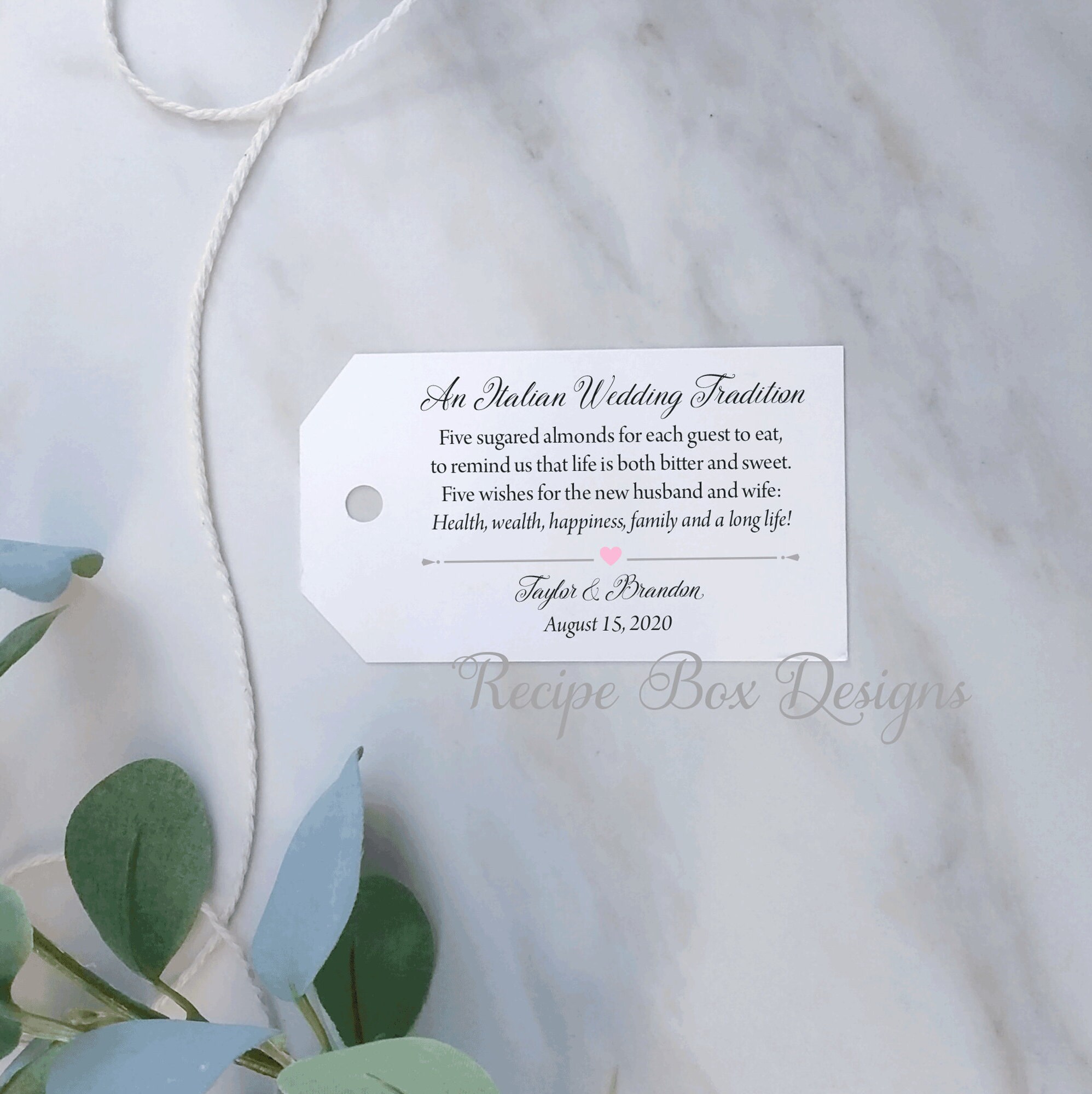 Jordan Almond tags, Italian Wedding favor tags, Personalized, Wedding