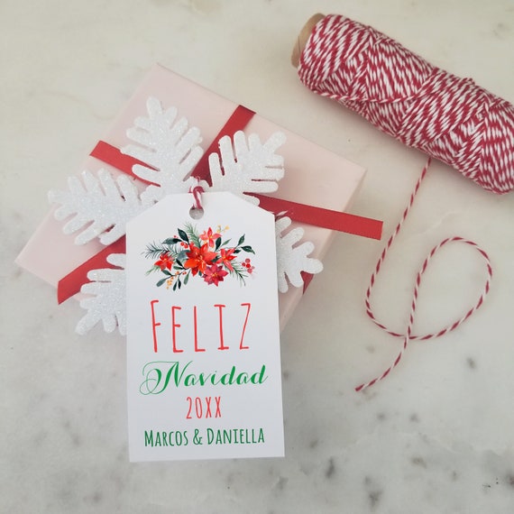 Feliz Navidad Personalized Gift Tag, Holiday Gift Tags, Custom Gift Tag Feliz Navidad 2022, red white String
