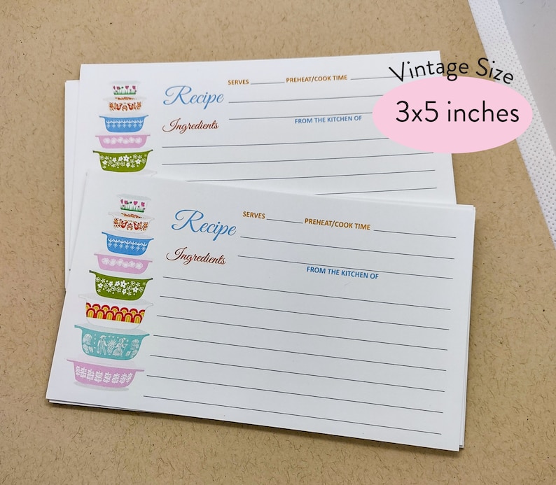 May include: A stack of vintage recipe cards with a colorful retro design featuring a stack of colorful bowls. The cards are 3x5 inches and have lines for writing down recipes, ingredients, serving size, preheat/cook time, and from the kitchen of.