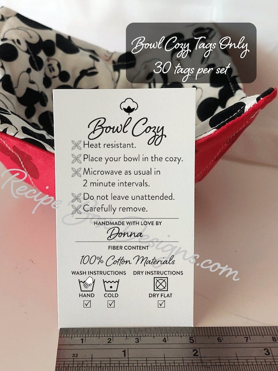 Printed Bowl Cozy Care Tag for Bowl Cozy, Care Card Tag and Labels for Microwave Safe Bowl, Soup Bowl Cozy Personalized includes 30 Tags