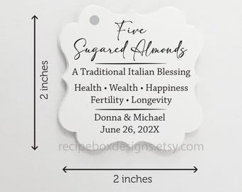 A Traditional Italian Blessing: Five Sugared Almond, Italian Wedding Favor Tags  Wealth, Happiness, Fertility, Longevity (2x2 Printed)