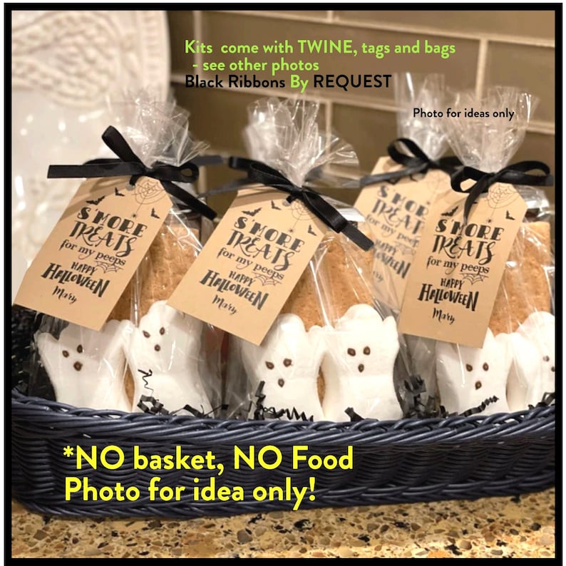 DIY Halloween S'more Treat kit. Shown in clear bags with ghost marshmallows, chocolate & graham crackers tied with a Black Ribbon. Kits include Tag, Bag & Twine. Black Ribbons by request. No food in DIY kit. Smore Treats for my peeps.Happy Halloween.