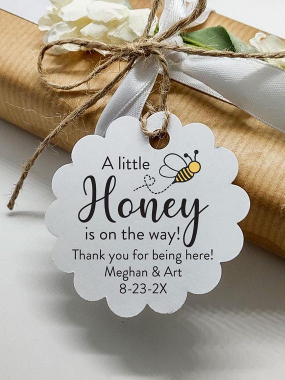 Baby shower favor tags, Honey Favor Tags, Little honey on the way, Round Label Favors, Honey baby shower tags, Tags Only, Scalloped Edge Tag