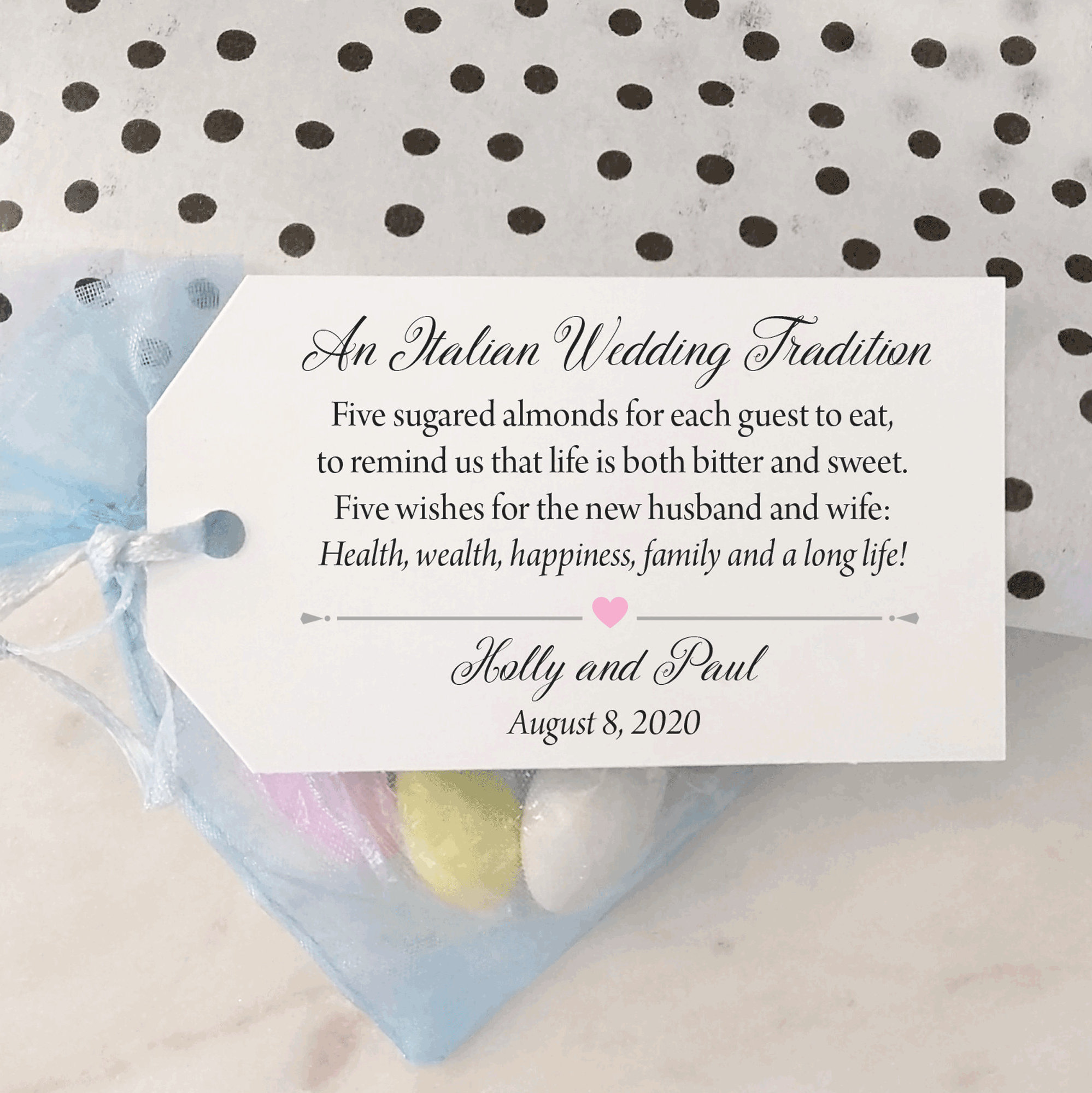 Jordan Almond tags, Italian Wedding favor tags, Personalized, Wedding Bomboniere, Jordan Almonds