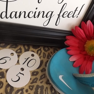 A little treat for your dancing feet, Dancing Shoes Size Tags, Dancing Feet Sign and Tags, Wedding Sign Flip Flops, Tags for Flip Flops